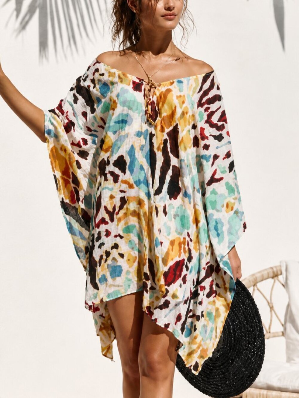 Anthropologie NEW Abstract Print Beaded Swim Coverup Kaftan Dress Small Medium